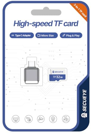 JOYNANO SECUEYE Carte Mémoire TF 32GB avec Adaptateur de Type C Classe 10 FAT32 Lecture/Écriture Haute Vitesse Enregistrement 24/7 pour Caméra de Sécurité Appareil Photo Instrument et Plus (32GB +