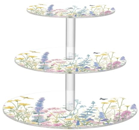 Blueangle 3-Tier Round Cupcake Stand – Colorful Herbs and Flowers Acrylic Dessert Tower, Non-Slip Tiered Dessert Stand for Baby Shower, Birthday, Wedding Party （543）