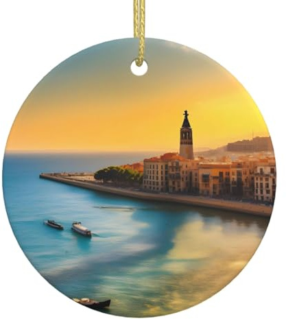 QWVBN Adorno colgante redondo de cerámica de Navidad con puesta de sol en Barcelona, decoración festiva, adecuado como regalo para amigos, hermanas, etc.