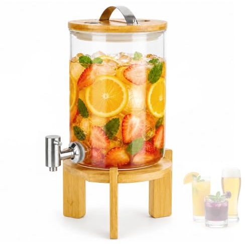 Glas Getränkespender 3.5L – Limonadenbehälter mit Edelstahl Hahn & Bambusständer, BPA-frei, Ideal für Familienparty, Geburtstagsfeier, Outdoor Camping