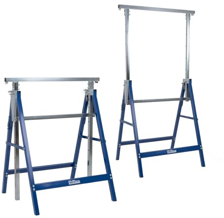 TRUTZHOLM Arbeitsbock 2er-Set, 80–130 cm, 400 kg Gesamtlast, klappbar, Blau | 7-fach höhenverstellbar, je Bock bis 200 kg, verzinkter und blau lackierter Stahl, klappbar, Auflage mit Abrutschsicherung
