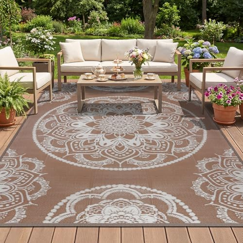 Tapis Exterieur Resistant Pluie Terrasse Tapis Barbecue Sol Exterieur Grand Tapis Plastique Exterieur Imperméable Tapis d'extérieur pour Terrasse Jardin Balcon Plage Salon 180 x 270 cm, Beige Marron