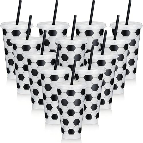 Set di 12 Bicchieri di Plastica a Tema Calcio 710ml con Coperchio e Cannuccia, Tumbler Riutilizzabile per Feste Compleanno, Decorazione per Party Sportivi, per Bambini e Adulti (Cannuccia Nera)