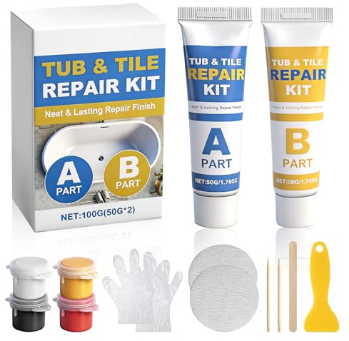 Kit Reparation Carrelage, 100g Kit de Réparation pour Baignoire Émail et Acrylique Imperméable, Répare Trous Fissures Défauts Éclats sur Douche et Lavabo en Porcelaine (Couleur Assortie)