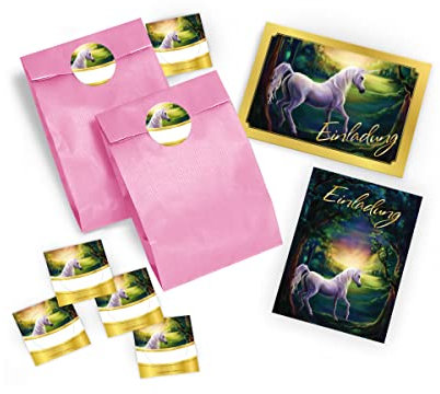 JuNa-Experten 8 Einladungskarten Geburtstag Mädchen Einhorn incl. 8 Umschläge und 8 Party-Tüten/hellrosa mit 8 Aufkleber/Kindergeburtstag/Einladungen/Unicorn/Prinzessinparty