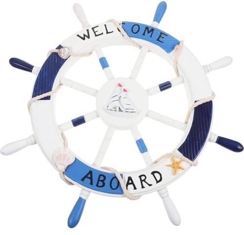VOSAREA Steuerrad Schiff Deko Groß 45cm Holz Steuerrad Nautische Deko WELCOME Schiffsrad mit Muschel Seestern, Holz Wandkunst Deko