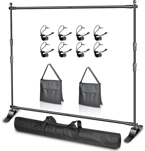 EMART Support Toile de Fond Photo 2,4 x 2,4 m, Banner Stand Réglable avec 2 Sacs de Sable et Paquet de Transport pour Studio, Portrait et Photographie de Produits