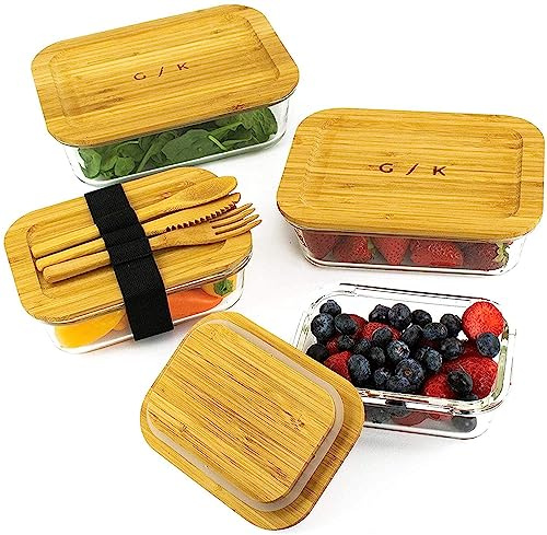 Gramercy 4x Glas Frischhaltedosen mit Deckel, Kunststoff- & BPA-freie Glasbehälter für Küche, Luftdichte Glas Vorratsbehälter Set Stapelbar, Küche Aufbewahrungsbox aus Glas mit Deckel aus Bambus