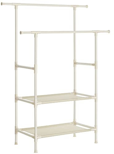 SONGMICS Kleiderständer, Garderobenständer aus Metall, mit 2 Kleiderstangen, 2 Ablagen, bis 70 kg belastbar, einfache Montage, weiß RDR02WT