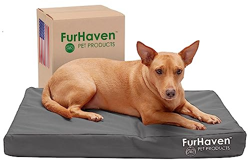Furhaven Water-Resistant Orthopedic Dog Bed for Medium/Small Dogs w/ Removable Washable Cover, For Dogs Up to 35 lbs - Indoor/Outdoor Logo Print Oxford Polycanvas Mattress - Stone Gray, Medium