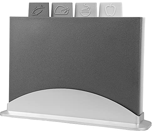 Index Chopping Board Set - Extra Thick Colour Coded Plastic Cutting Boards with Storage Stand - Set of 4 with Holder