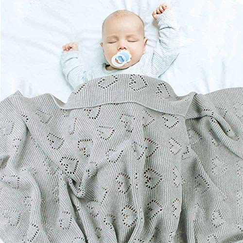 Strickdecke Babydecke Kuscheldecke Baumwolle, Surwin Mädchen und Jungen Babys Gestrickt Kinderdecke Freien Krabbeldecke Perfekt für Kinderwagen Babybett (Grau,100x80cm)