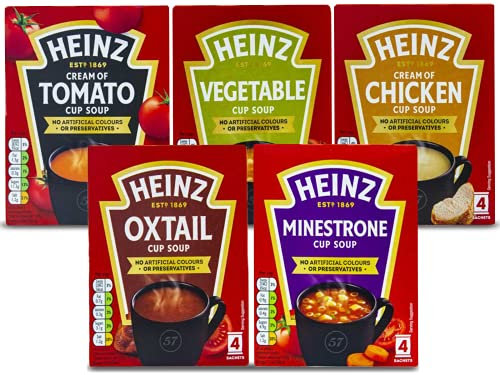 Heinz Cup Soup Variety Pack | Bundle of 5 | Cream of Tomato, Vegetable, Chicken, Minestrone, Oxtail | 4 Sachets Each