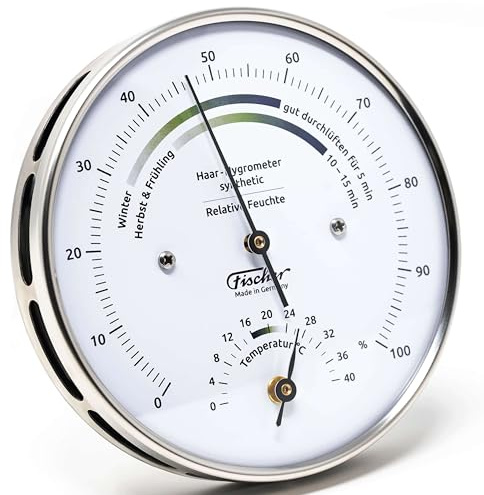 Fischer 122.01HT, Wohnklima-Hygrometer und Raum-Thermometer, Edelstahl | Luftfeuchtigkeitsmesser, Messbereich 0-100 % r. F. und 0-40 °C, Genauigkeit ± 3 % r. F., 103mm Durchmesser, Made in Germany
