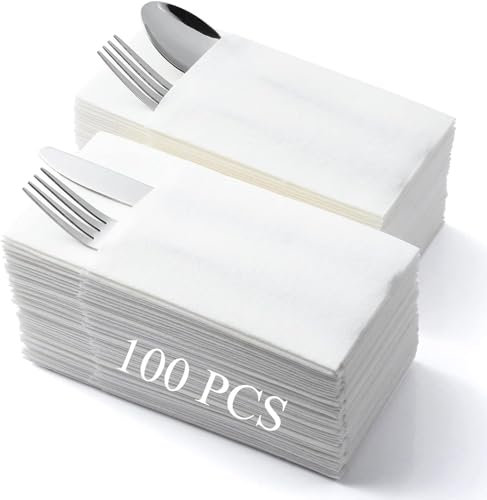 LEKOCH 100 PCS Airlaid Cutlery Napkins - Pocket White Napkins with Built-in Pocket for Party, Wedding, Christmas - 43 * 30cm