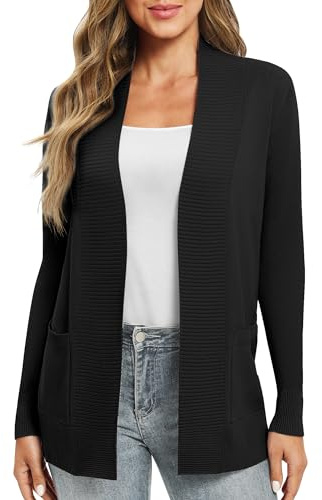 EXCHIC Donna Casuale Manica Lunga Lavorare a Maglia Cardigan Leggero Comodo Fronte aperto Maglioni Lunghi con Tasche(XXL, Nero)