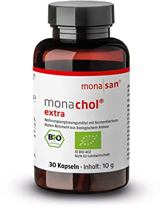 MONASAN monachol® extra BIO, 30 Kapseln, Fermentierter Roter Reis mit 2,8 mg Monacolinen, biozertifiziert, 1 Monatspackung, Vegan
