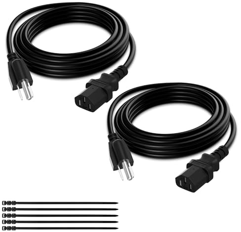 Elecan 3-Prong Replacement Power Cord 10 Ft/2 Pack, Heatproof Flexible Durable AC Device Power Cable for Appliance, Computer, TV, Monitor, Printer, ETL Listed 18AWG 125V 10A, with Ties