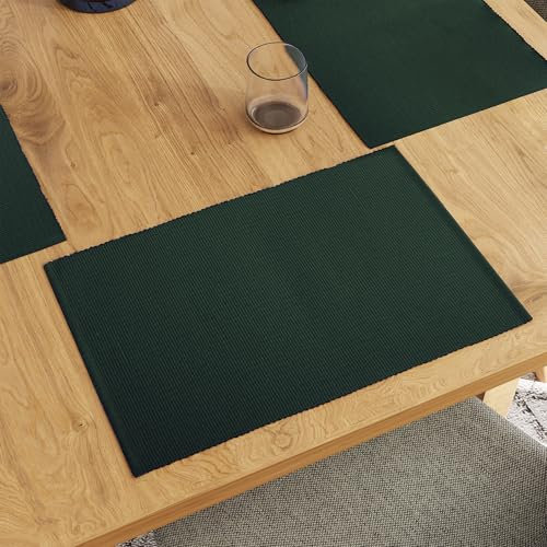 Encasa XO Juego de Manteles Individuales para Mesa de Comedor Set de 6 | Color Verde Oscuro | Mantel de Algodón Acanalado Fino | Tamaño 48x32 cm | Lavable a Máquina