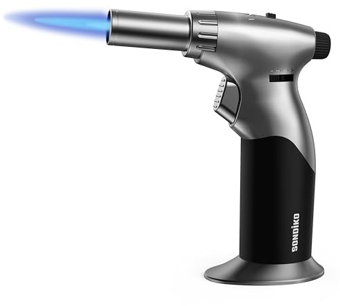 Sondiko DUAL Style Flame Butane Torch Lighter, Adjustable Flame Size Butane Lighter, Refillable Blow Torch with Continuous Flame Lock for Creme Brulee, Cooking(Butane Gas Is Not Included)