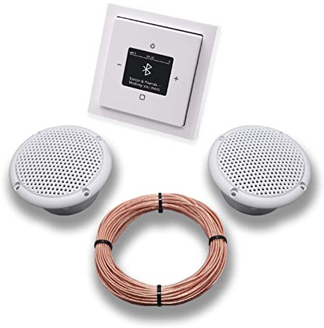 Busch Jäger DAB+ Unterputz Bluetooth (in and out) Radio 8217U-101 Future Linear Studioweiß, Komplett-Set mit 2 x Decken Feuchtraumlautsprecher/Badezimmer + 20 m Lautsprecherkabel 2x0,75 mm2 8217U