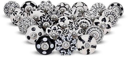 FURNISHFUL FINESSE Verschiedene schwarze Keramik-Schrankknöpfe für Schubladen, Küchenschränke, Schränke, Boho-Stil, mehrfarbig, dekorative Möbelbeschläge, Kommoden, 25er-Set,