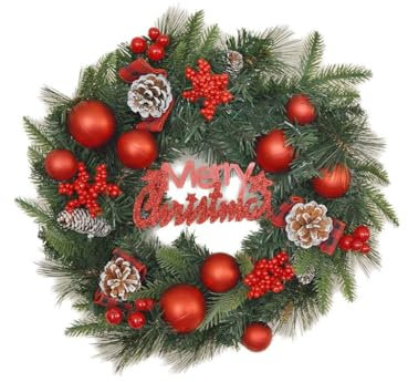 PEKJI Künstlicher Weihnachtskranz mit Kugeln für die Haustür, Kunststoff-Weihnachts-Rattan-Kreis, hängende Weihnachtsdekoration, Girlande