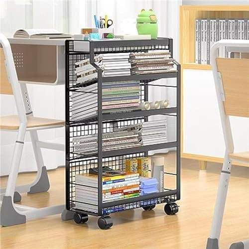 FLYIFE Zeitschriftenständer, mobiles Bücherregal auf Rollen, rollender Mehrzweckwagen mit Rollen, Bücherregal, Organizer, Rollwagen für Wohnzimmer, Zuhause, Küche, Schule