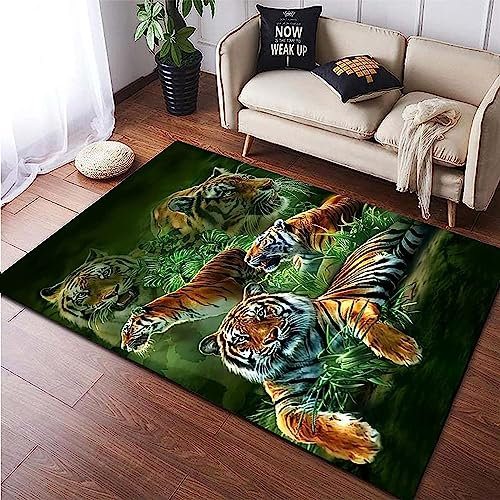 Kinderteppich Grüner Dschungel Brauner Tiertiger - Kurzflor Teppich Kinderzimmer Spielteppich Antiallergen Und Extra Weich - Babyzimmer Teppiche Für Junge Und Mädchen Babyteppich 100 X 150 C -2C5F-M8