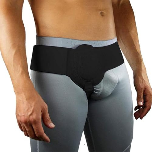 VKWE Hernia inguinal para hombres – Cinturón flexible ajustable para hernia inguinal, alivio del dolor, vendaje izquierdo y derecho, portátil – 92 – 120 cm de circunferencia de la cadera (negro)