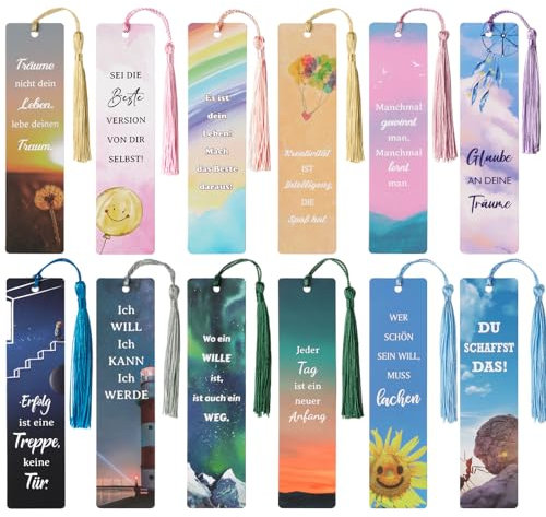 BETESSIN 12 Stück Motivations Lesezeichen Papier - Inspirierende Sprüche Lesezeichen mit Quasten - Geschenke für Schüler und Lehrer, Jugendweihe Geschenk, Mitbringsel für Buchhandlungen