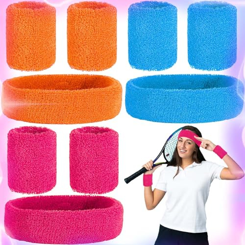 SoundZero 9 Stück Neon Schweißband Set, Sport-Stirnband-Armbänder, Schweißbänder, Saugfähige Frottee-Schweißbänder, Elastische Schweißbänder, Für 80er Jahre-Retro-Party, Karneval, Tennis(Dreifarbig)