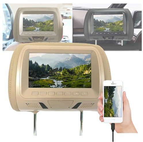 Lecteur DVD pour Appuie-tête De Voiture De 7 Pouces, Écran HD 4:3, Écran De Téléphone Synchronisé, Facile À Installer/espacement Réglable (13-18 Cm), Prise en Charge USB/SD/écouteurs,Beige