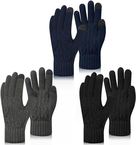 ViEinkaufen 3 Pairs Winter Gloves for Men Thermal Touch Screen Gloves Warm Knitted Glove with Soft Fleece Lining for Running Driving Hiking Skiing - Black, Dark Gray, Navy Blue