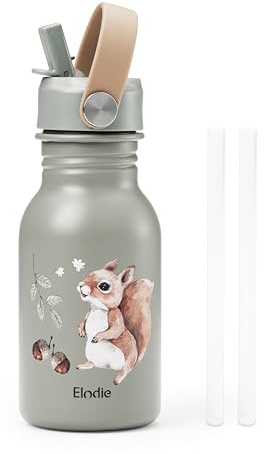 Elodie Details Gourde Enfant Inox, Bouchon Anti-Fuite avec Paille et Poignée pour Enfants, Facile à Ouvrir, Sans BPA, Facile à Nettoyer, Bouteille Idéal École & Activités, 350ML, Chipmunk Darling