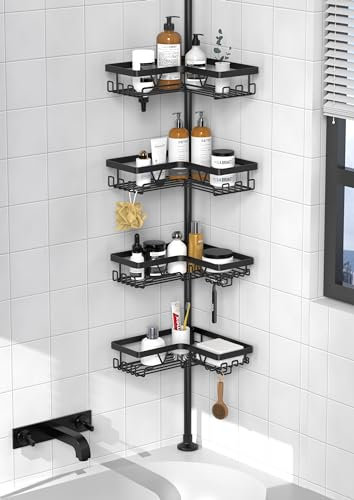 Kegii Telescópica Estantería Ducha, Esquina Estante Ducha, Estanteria baño Sin Taladro, Estanteria Ducha con 4 Cestas para Bañera y Baño, Altura Ajustable 63.5-290 CM，Negro