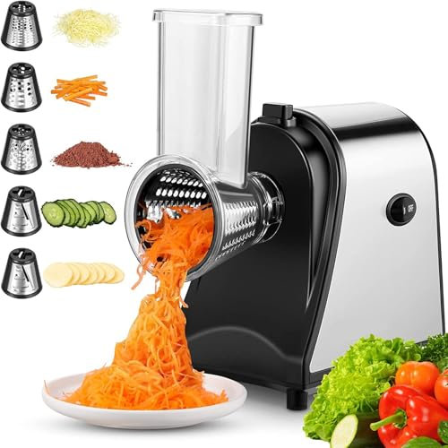 FfiMe Electric Cheese Grater, Potato Cutter with 5 Replacement Head Knives, Home Vegetable Cutter, Electric Salad Maker, Multifunctional Grater, Food Processor, Stainless Steel Blades