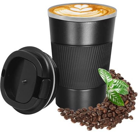 KUIRUNRX® Thermos Café, Mug Isotherme Cafe 380ML Noir, Tasse de Voiture avec Couvercle, Café Étanche Mug de Voyage pour Café Chaud et Froid, Lait et Thé, Garder au Chaud Jusqu'à 6 Heures