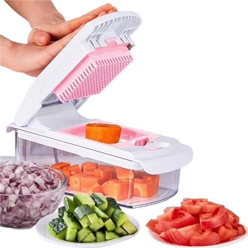SPXTOM Gemüseschneider mit 4 Klingen, hohe Kapazität, Gemüseschneider, Würfelschneider, leicht zu reinigen, Küchenlebensmittelschneider, spart Zeit und Mühe, for Kartoffel-Karotten-Salat(Pink)