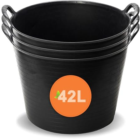 EarlyGrow 42L Flexi Tub with Handles - Pack of 3 - Large Plastic Storage Container for Garden Waste & Building Materials - Robust Stackable Bucket for Home, Car, Washing & DIY Projects