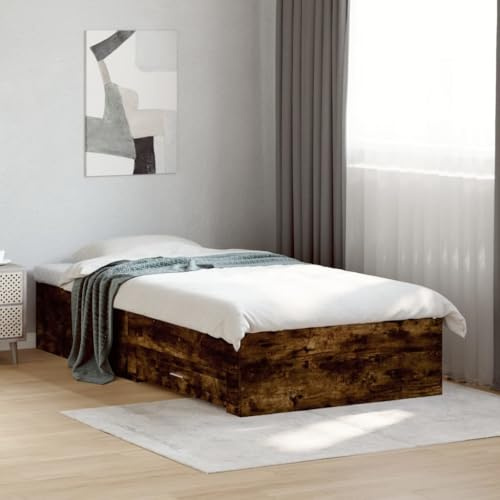 KTHLBRH Bettgestell Familienbett Doppelbett Schlafzimmer möbel Bettgestell mit Schubladen Räuchereiche 90x200cm Holzwerkstoff