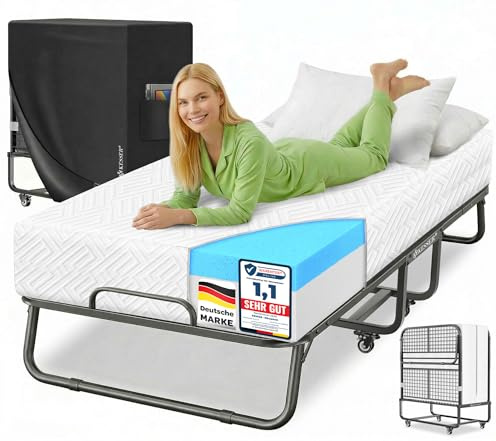 KESSER® Letto pieghevole 200 x 90 cm, con materasso in memory foam e ruote, letto da viaggio pieghevole con telaio in metallo, portata fino a 250 kg, letto in metallo con materasso in schiuma e