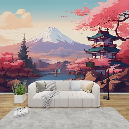 GEDAEUBA Papier Peint Panoramique Japonais Paysage, Papier Peint Intissé Motif Mont Fuji Fleur de Cerisier Pagode, Tapisserie Panoramique Salon, Décoration Murale Chambre, 350x256 cm