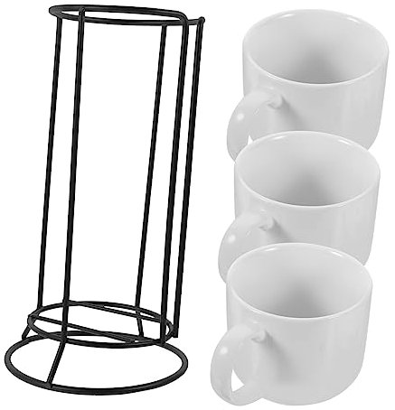 LIFKOME Juego de Tazas de Cerámica 250 Ml con Soporte Metálico de Hierro, Color Blanco, para Café y Té en Oficina y Hogar, Organizador de Tazas para Encimera, Set de 4 Piezas