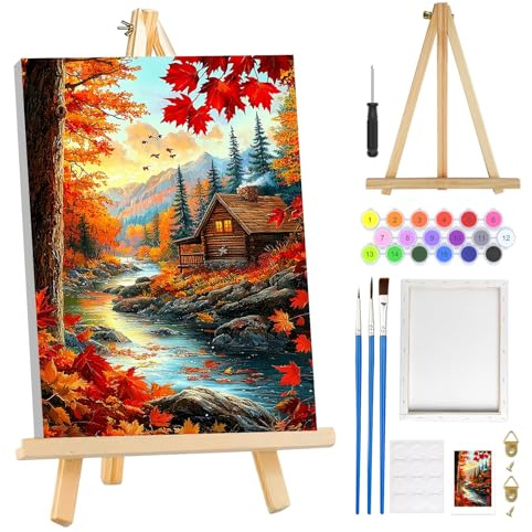 MOGTAA Automne Paysage Peinture Numero Enfant Adulte avec Cadre, Peinture par Numero Adulte avec Chevalet, DIY Numéro d'Art Kits, Loisirs Créatifs Adultes, 20x30cm