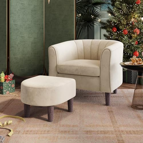 LINSY Accent Chair with Ottoman, Modern Armchair Comfy Barrel Reading Chair with Footrest for Living Room Bedroom Reading Room, Velvet, Beige