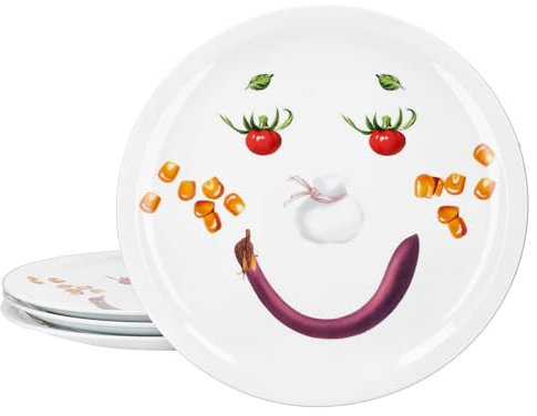MamboCat Set di 4 piatti da pizza Smiley, Ø 30,5 cm, divertenti piatti da portata in porcellana con viso vegetale, piatti per bambini, piatti per feste, pizza in famiglia, per pizza, torte fiamme e