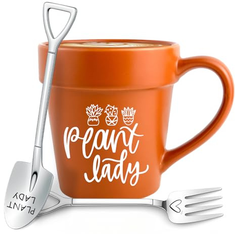Plant Lady Coffee Mug with Shovel Spoon & Fork, Funny Gardening Gifts for Women, Plant Lover Gift for Mom Grandma, Cute Gardener Present with Plants Puns, Unique Birthday Gifts
