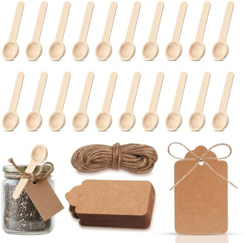 51 Sets Mini-Holzlöffel – kleine Holzlöffel,Einweglöffel für Gewürze, Holz-Probierlöffel mit Etiketten und Schnur,kleiner für Gewürzgläser,Gewürze,Honig,Zucker,Küche