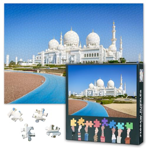 Vuxna pussel 1 000 block, landmärken moské i Förenade emiraten, stor moské av Abu Dhabi vuxenpussel, pusselspel eller leksaker för äldre vänner 50 x 70 cm